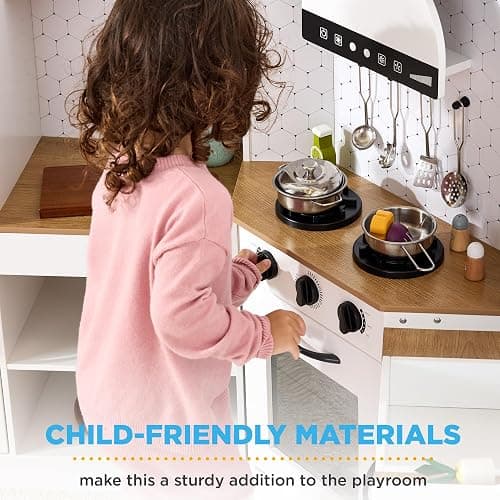 Best Choice Products Pretend Play Corner Kitchen, Ultimate Interactive Wooden Kids Playset w/Lights & Sounds, Ice Maker, Hood - Wht/Brown thumbnail 9