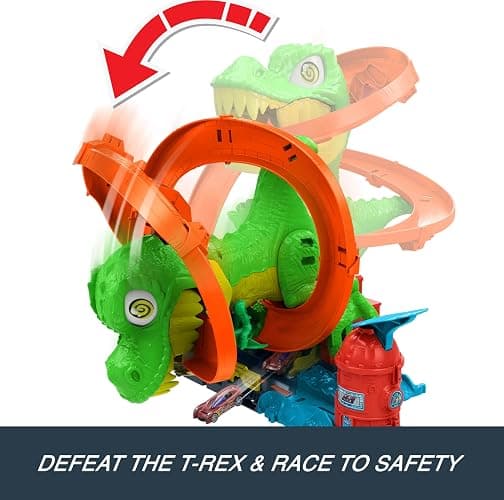 Hot Wheels Toy Car Track Set, City T-Rex Blaze Battle Playset & 1:64 Scale Die-Cast Vehicle, 18” Tall, Multiple Race Outcomes, Spinning Dinosaur Eyes thumbnail 6