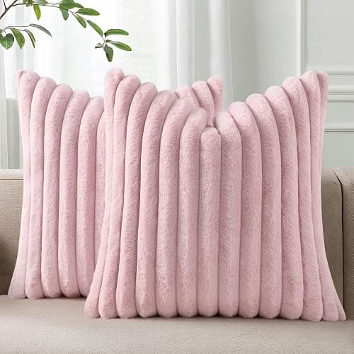 Pallene Faux Fur Decorative Throw Pillow Covers 18x18 Set of 2, Blush Pink | Luxury Plush Texture, Striped Design, Cozy Soft Touch, Modern Home Accent Decor for Couch, Sofa, Bed, Living Room - Image 1
