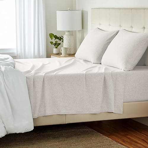 Amazon Basics Cotton Jersey 4-Piece Soft, Breathable, Wrinkle-Free Bed Sheet Set, Queen, Oatmeal, Solid - Queen - Oatmeal