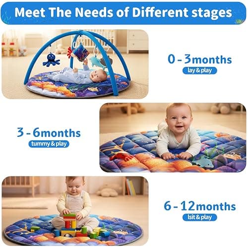 Yeeeasy Ocean Theme Baby Play Gym Mat, Tummy Time Activity Mat with 5 Detachable Marine Toys, Sensory & Motor Skill Development for 0 3 6 9 12 Month Baby and Newborns, Vibrant Deep Blue thumbnail 3