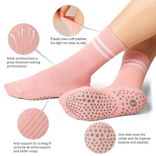 Toes Home Pilates Socks for Women with Non Slip Grippers, Yoga Crew Socks for Barre Hospital Sticky Slipper Socks 4 Pairs thumbnail 2