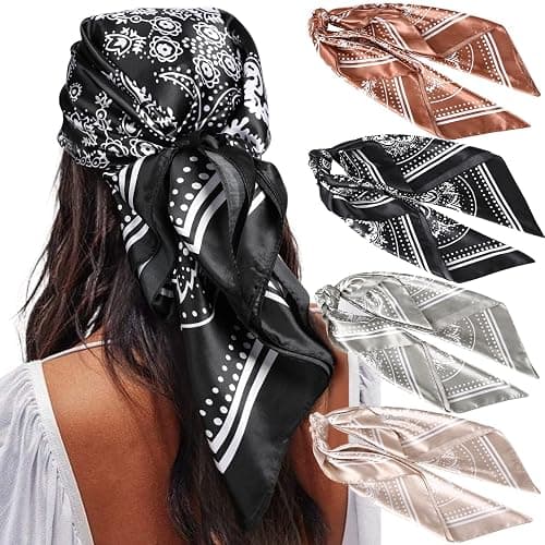 AWAYTR 35” Satin Large Square Head Scarves - 4PCS Silk Like Neck Scarf Hair Sleeping Wraps Satin Silk Scarfs for Women - Image 1