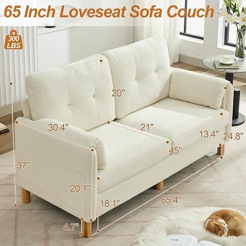 WUTUTUEE 65" Chenille Loveseat Sofa, Modern 2-Seater Love Seat Couch with Armrest Pillows, Storage Pockets, Easy Assembly, Upholstered Tufted Loveseat Sofa Couches for Living Room Bedroom, Beige thumbnail 2