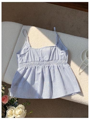 RoseSeek Women's Striped Button Front Flared Camisole Tops Shirred Spaghetti Strap Tank Top thumbnail 3