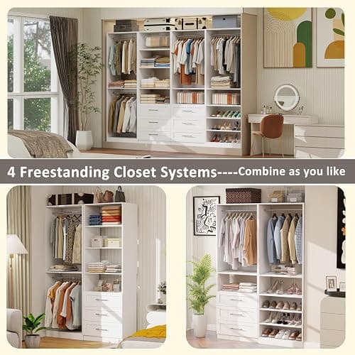 Secilix 8FT Modular Closet System with 6 Drawers, Walk-in Closet Organizer System with 8 Expandable Hanging Rods & Adjustable Shelving Towers, Heavy Duty Wood Closet Storage for Bedroom, White(4 sets) thumbnail 3
