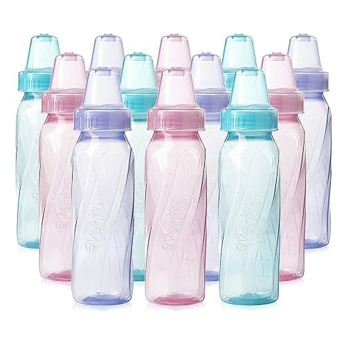 Evenflo Feeding Classic Tinted Plastic Standard Neck Bottles for Baby, Infant and Newborn, Pink/Lavender/Teal, 8 Ounce (Pack of 12) - Image 1