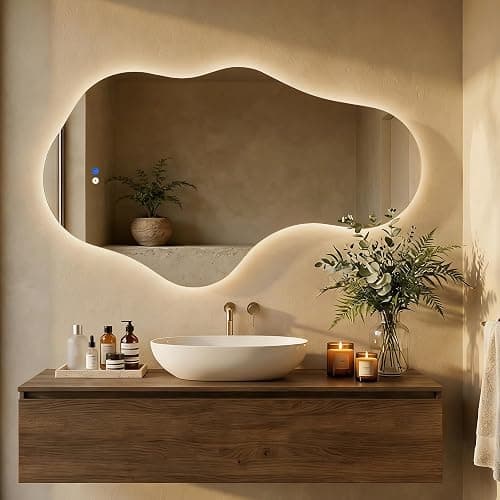 Irregular LED Bathroom Mirror with Lights, Backlit Vanity Mirror for Wall | Asymmetrical Wall Mirror, 3 Color Dimmable, Smart Anti-Fog, Wavy Decorative Mirror for Bathroom, Entryway(22″ x 36″, 1 Pack) - Image 1