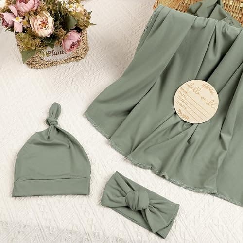 TANOFAR 4-Pack Newborn Swaddle Blanket for Baby Girls & Boys, Ultra Soft Receiving Blankets with Matching Headband and Beanie Set Baby Nursery Swaddle Wrap (Green) thumbnail 2