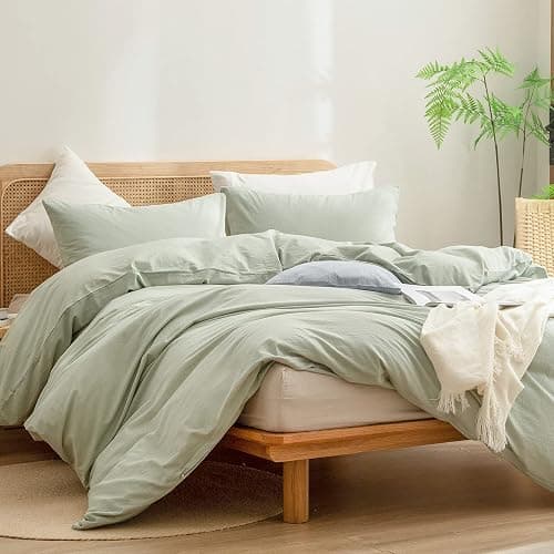 BESTOUCH Duvet Cover Set 100% Washed Cotton Linen Feel Super Soft Comfortable Chic Lightweight 3 PCs Home Bedding Set Sage Green Queen thumbnail 4