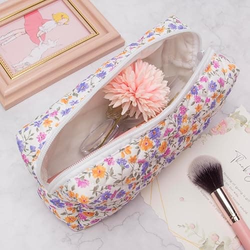 PAZIMIIK Vintage Quilted Makeup Bag Cosmetic Pouch for Brushes Pencils and Travel Make Up Accessories for Women and Girls,Little flower thumbnail 5