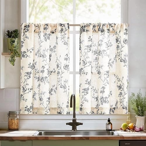 jinchan Floral Kitchen Curtains 36 Inch Linen Tier Curtains Farmhouse Cafe Half Window Drapes Over Sink Light Filtering for Living Room Laundry RV Rod Pocket 2 Panels Black on Beige - Image 1