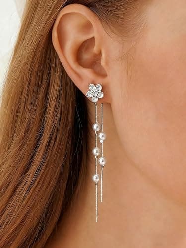 MUMREUES Gold Earrings for Women Trendy 14k Gold Plated Cubic Zirconia Flower Dangle Earrings Hypoallergenic Dainty Pearl Drop Chain Earrings Jewelry Gifts for Her thumbnail 2
