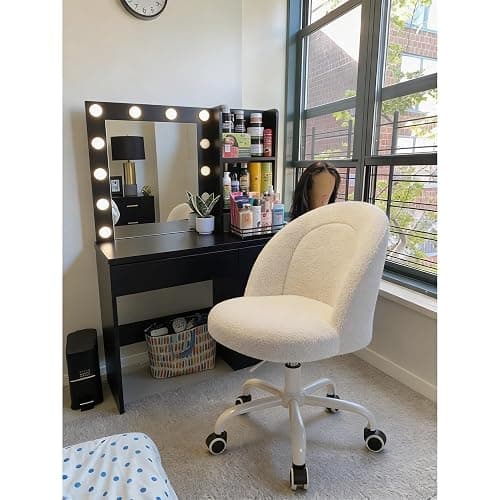 DurayLoly White Vanity Chair with Wheels, Cute Desk Chair with Back, Armless Office Chair Height Adjustable, Soft Lumbar Support for Small Space, Bedroom thumbnail 7