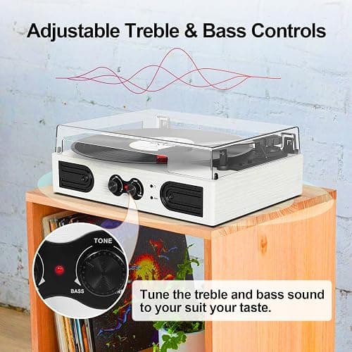 VinylsLink Vinyl Record Player with Built-in Stereo Speakers and Bass Adjust, Portable Vintage 3-Speed Belt-Driven, Bluetooth Input, RCA Line Out AUX in Headphone Jack, White Wood thumbnail 3
