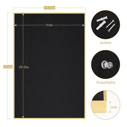 Lightomorrow Bulletin Board 30 x 20 inches, Black Pin Board, Golden Aluminum Framed Fabric Cork Board with 10 Push Pins thumbnail 3