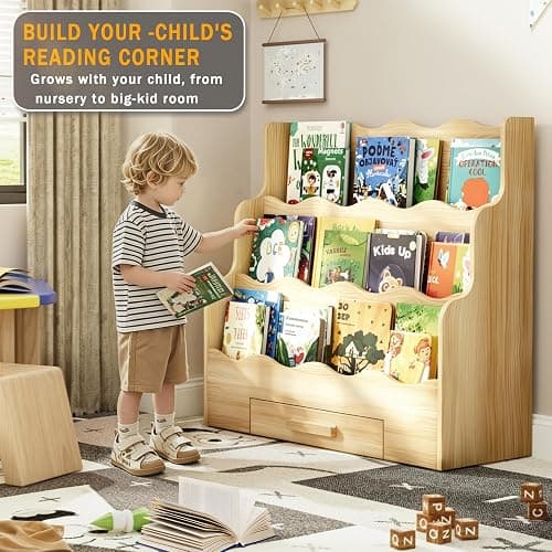 FIKSG 3-Tier Montessori Scalloped Kids Bookshelf with Drawer | 29.6" Wide Natural Wood Forward Facing Bookcase for Toddlers, Children's Book Display and Organizer for Playroom,Nursery thumbnail 4