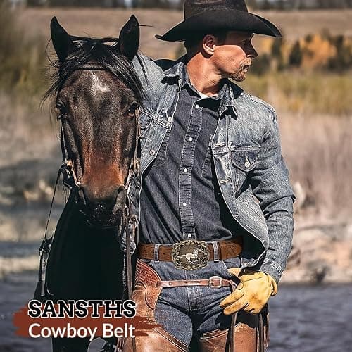 SANSTHS Cowboy Western Belts for Men Women Western Cowboy Buckle Belt Country Cowgirl Mens Leather Belt for Jeans Gifts thumbnail 2