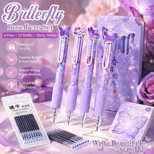 Eloxomer Cute Purple Butterfly Gel Pens Set, 4 Pack Retractable 0.5mm Black Ink Writing Pens with 10 Refill & Sticky Notes for School, Office, Gifts for Girls, Students & Friends thumbnail 2
