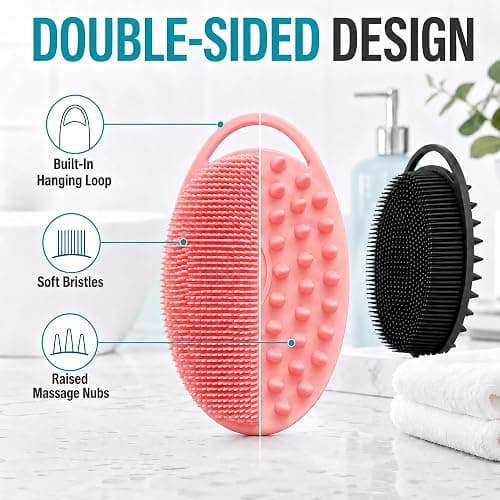 2 Pack Silicone Body Scrubber, Loofah Double-Sided Body Brush,Shower Scrubber and Scalp Massager Shampoo Brush for Sensitive Kids Women Men All Kinds of Skin (Black & Pink) thumbnail 2