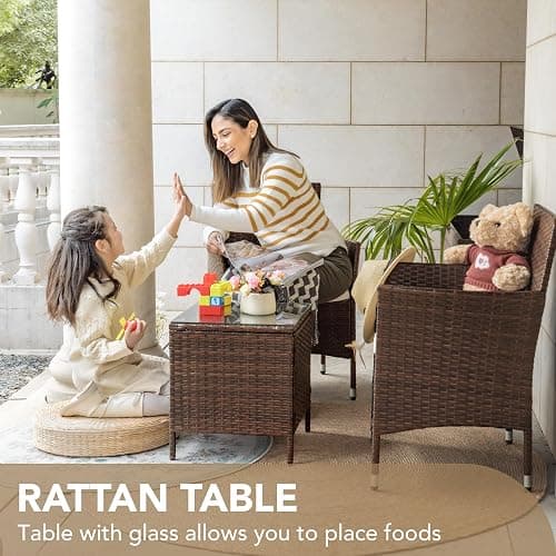 Devoko Patio Porch Furniture Sets 3 Pieces PE Rattan Wicker Chairs with Table Outdoor Garden Furniture Sets (Brown/Beige) thumbnail 5