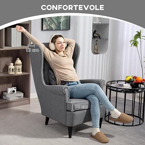 HOMCOM Poltrona Relax con Pouf Poggiapiedi, Cuscino e Schienale Alto, Poltroncina Camera da Letto in Tessuto Trapuntato con Gambe in Legno e Braccioli per Salotto e Soggiorno, 75x83x104 cm, Grigio thumbnail 5