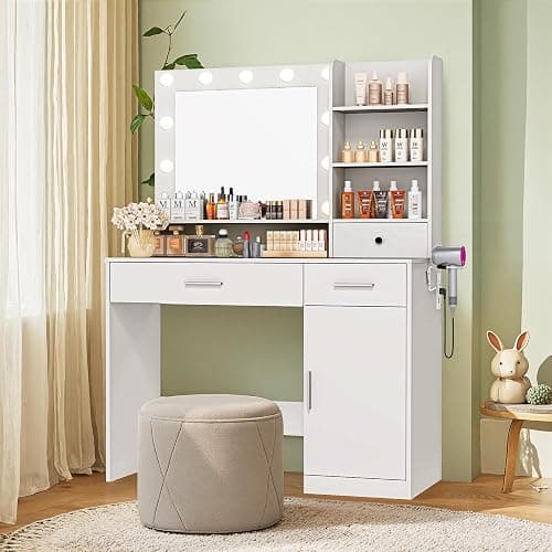 Sweetcrispy Vanity Desk with Adjustable Lighten Mirror & Power Outlet, Makeup Desk for Bedroom with a Storage Cabinet and 3 Drawers, 4 Storage Shelves, White Dresser for Girls - White - 39.37"W thumbnail 6