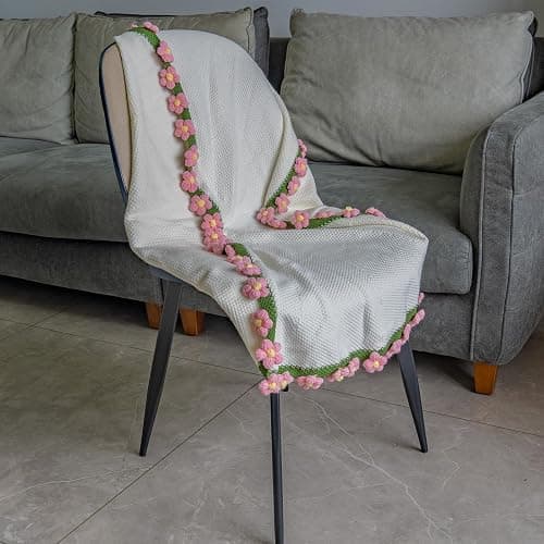 EIGHTOWN 43'' Crochet Flowers Rose Bouquet Blanket Finished - Handmade Knitted Throw Blanket with Pink Puff Flowers - Home Décor Ideal Women Gift for Mom - Mother's Day Birthday Valentine's Day thumbnail 2