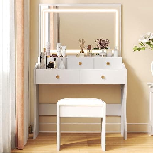 COMHOMA Makeup Vanity Desk with Mirror and Lights, Vanity Table and Chair Set with 5 Drawers and Charging Station, Bedroom Dresser LED Mirror Stepless Dimmable & 3 Color Modes Adjustable, Pearl White thumbnail 3
