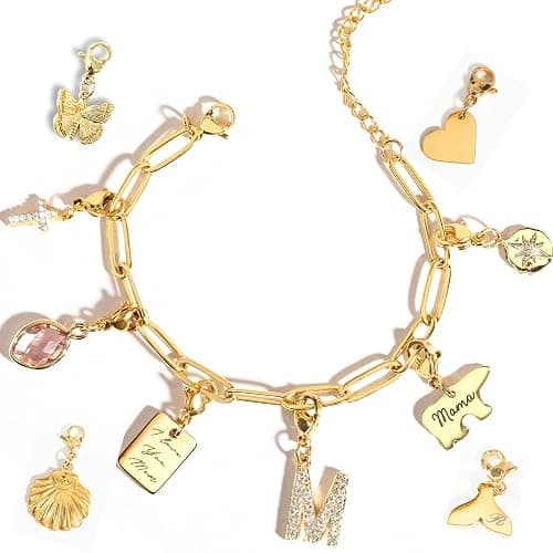 MignonandMignon Personalized Engraved Gold Charm Bracelet for Mom, Gifts for Women, Gift for Grandma, Unique Birthdays Teen Girls, Anniversaries, Graduation, Handmade Jewelry for Her - P-CHARM-MIX-BR - Image 1