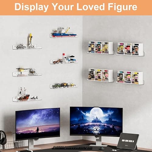 upsimples 8 Pack Acrylic Shelves Wall Organizer and Storage, 15" Display Shelf for Figure, Toy Cars, Perfume, Kids Bookshelf for Bedroom, Nursery, Craft Room, Clear thumbnail 6