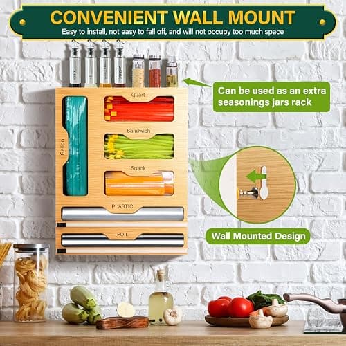 KOCWELL Bag Organizer and Plastic Wrap Dispenser with Cutter, 6 In 1 Bamboo Foil and Plastic Wrap Organizer for Kitchen Drawer, Food Storage Bag Organizer for Gallon,Quart,Sandwich,Snack(Yellow) thumbnail 6