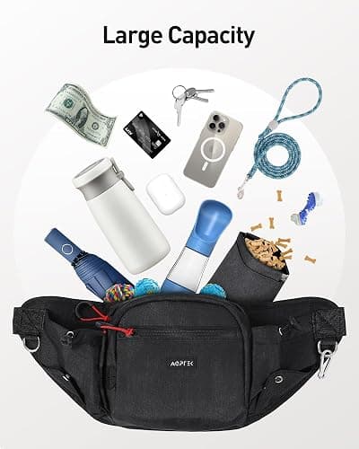AGPTEK Dog Walking Fanny Pack, Large Capacity Dog Training Treat Pouch, Waist Bag with Removable Snack Pouch, Water Holder, Poop Bag Dispenser, Waterproof Zipper, Adjustable Strap, Black thumbnail 7