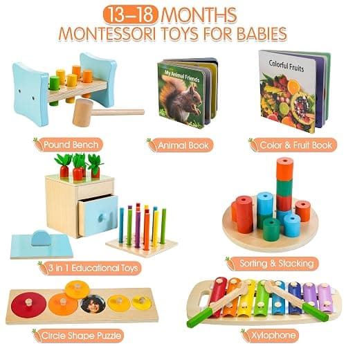 WOODMAM Wooden Montessori Toys for 1+ Year Old, 9 in 1 Learning Educational Toys for Toddler with Educational Box, Xylophone, Pound Bench, Shape Puzzle and More, Baby Toy Gift for 12-18 Months thumbnail 2