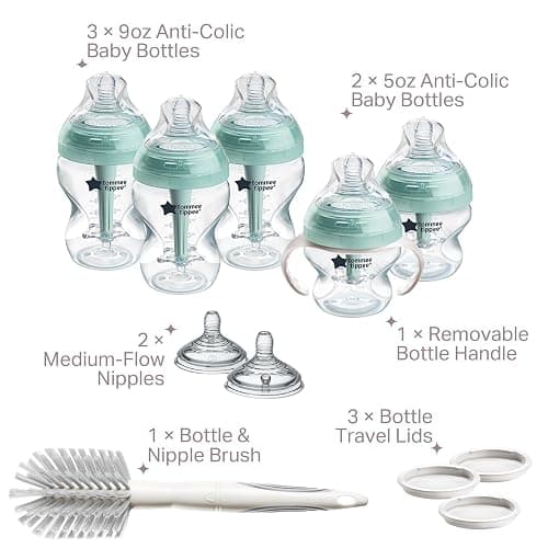 Tommee Tippee Advanced Anti-Colic 12 Piece Set, 5 oz and 9 oz BPA Free Bottles, Newborn 0+ Months, Includes Slow & Medium-Flow Breast-Like Nipples and Bottle Handles and Cleaning Brush thumbnail 2