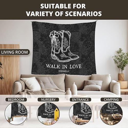 WAITPI Christian Western Cowgirl Boots Bow Hanging Wall Tapestry for Girly Room Bedroom Decor, Black Walk in Love Trendy Walls Tapestry, Floral Wall Hanging for Teen Girls Dorm Y2k Room Decor 50x60in thumbnail 5