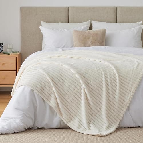 BEDELITE Fleece Throw Blanket for Couch - 300GSM Soft & Warm Fluffy Cream White Blanket, Decorative and Giftable Striped Blankets for Women, Men, 50"x60" thumbnail 8