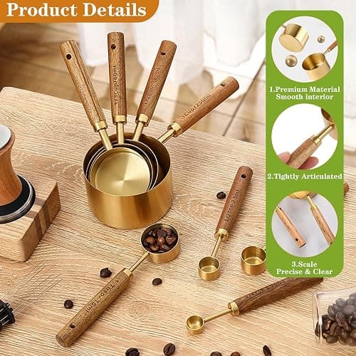 8Pcs Measuring Cups and Spoons Set - Golden Stainless Steel Measuring Cups with Wooden Handle, Metal Measuring Spoons Set Nesting Kitchen Measure Set for Kitchen/Food/Baking (8Pcs Wooden Handle) thumbnail 4