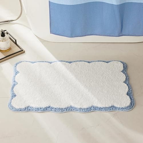 Luxury Microfiber Bathroom Rugs, White Bath Rug with Blue Scalloped Piping Cute Aesthetic Preppy Bath Mat for Bathroom, Tub, Floor Carpet, Sink, Shower, Anti Slip, Absorbent, 32x20 thumbnail 3