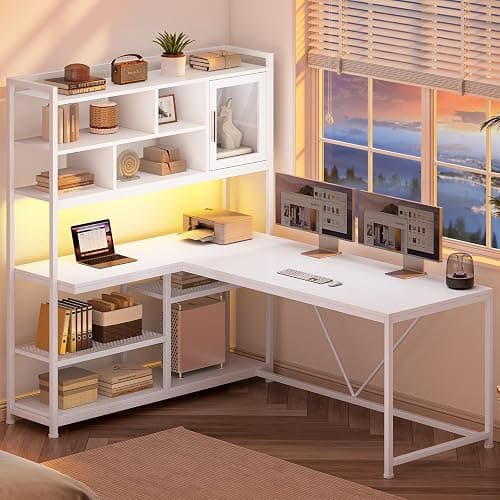 SEDETA L Shaped Computer Desk, 58'' Office Desk with LED Light and Bookshelf, L Shaped Corner Desk with Storage Shelves for Home Office, Gaming Desk, L Desk, White thumbnail 3