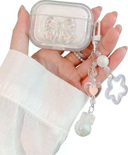 JANDM for AirPods 4 Case with Keychain,Shockproof Soft Clear Cute 3D Crysta Bowknot Design Cover with Bling Heart Beads Keychain for AirPods 4nd Generation -Bowknot - Image 1