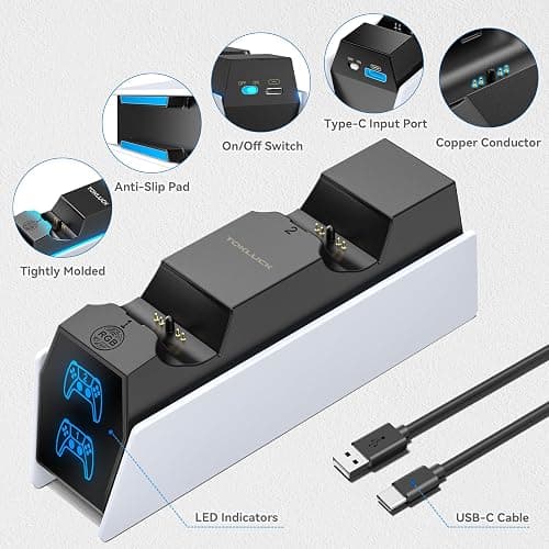 Tokluck PS5 Controller Charger Station - Compatible with Playstation 5 Edge & Dual Controller Gaming, Games Charging Station with Cable, PlayStation Games Dock Stand for with LED Indicators, White thumbnail 5