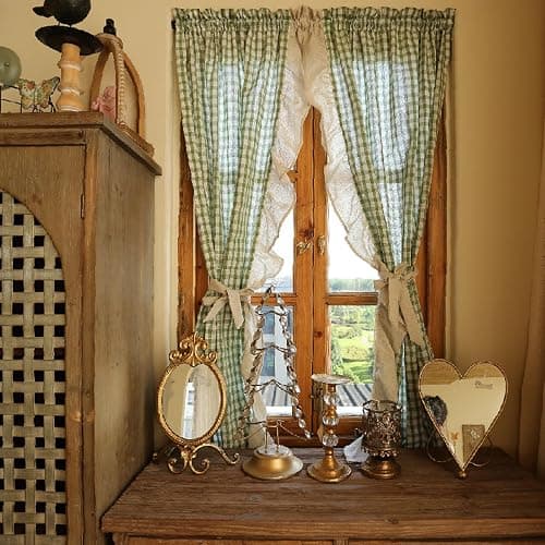izielad 2PCS Disque Rideaux Rideau Court Motif Vichy À Carreaux, Rideau Disque Rideaux De Petite Fenêtre De Style Campagne Rideaux De Bistrot avec Plaid Vert LxH 70x90cmx2pcs - Image 1