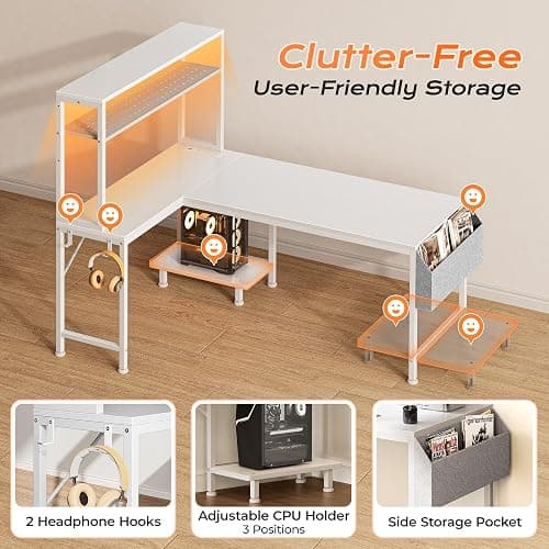 PRAISUN L Shaped Gaming Desk with LED Lights & Power Outlets | Reversible Computer Desk with Storage Shelves & Bag, Large Corner Home Office Desk with Pegboard for Work from Home, White thumbnail 9