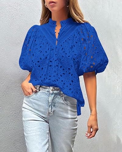 PRETTYGARDEN Womens Tops Boho Eyelet Puff Sleeve Blouse | Hollow Out Embroideried Cotton Shirts, Button Front, Ruffle V Neck, Spring Summer Clothes for Work, Vacation, Resort Wear thumbnail 5