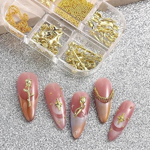 3 Box golden nail charm set with golden cross, star, rose and moon – 3D chrome nail decorations, ear studs, nail art accessories for nails, decor, handicrafts, DIY thumbnail 3