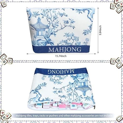 Sunnymove Empty Mahjong Bags Set for Tiles and Racks 24x13x4.7 Inch American Mahjong Carrying Bag Tote Tiles Bag Drawstring Protective Sleeve for Rack Pusher Party Travel, Case Only (Blue Chinoiserie) thumbnail 5