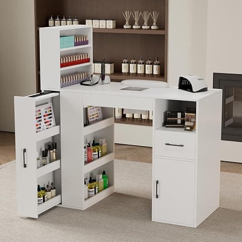 Annzoe Professional Nail Desk for Nail Tech with Storage Cabinet and Fan – Modern Nail Table for Salon, Nail Tech Table with Drawer, Armrest & Dust Collector,Manicure Table Nail Desk - Image 1