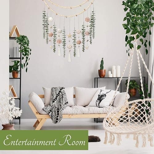 Artificial Eucalyptus Wall Decor with Seashell Coastal Decor Natural Home Decorations Hanging Wooden Bead Garland for Large Bedroom Bathroom Living Room, 32 x 32 Inch thumbnail 7