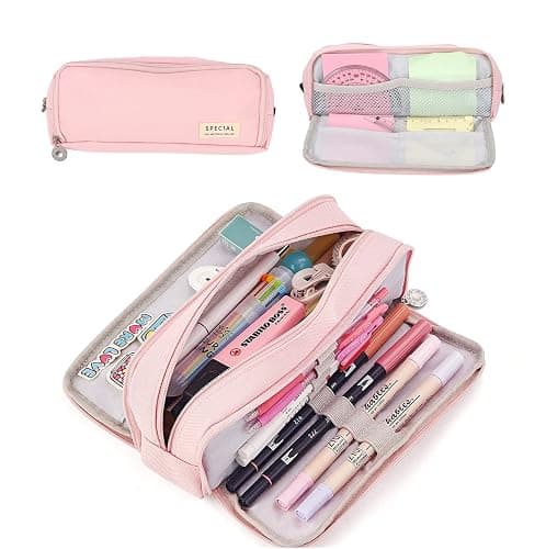 Pencil Case Pink, Pen Case for Adult with Double Zippers Closure, Stationery Supplies Cute Pen Pouch with Compartments for Middle High School Student Kids Boy Girl Teen Adult (Pink) - Image 1